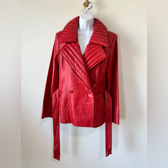 Vintage Red Genuine Leather Quilted Lapel Double Breasted Belted Waist Jacket 10 - Picture 10 of 11
